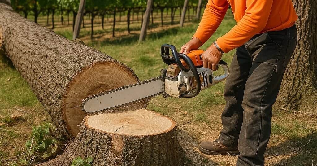 Certified arborist performing tree removal in Napa County, CA near a vineyard using a chainsaw
