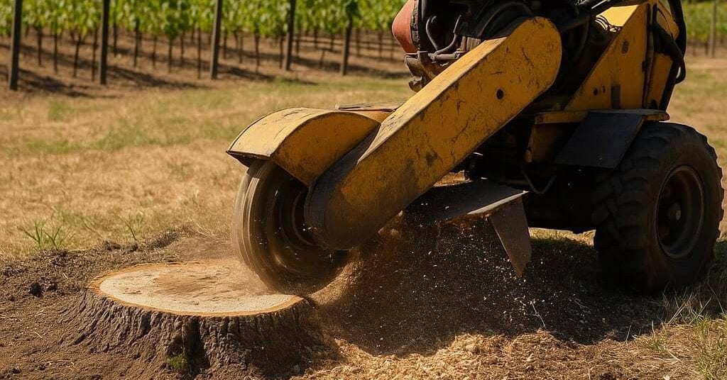 Stump grinding in a vineyard setting in Napa County, CA using professional equipment during a sunny afternoon