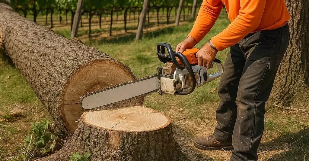 Certified arborist performing tree removal in Napa County, CA near a vineyard using a chainsaw